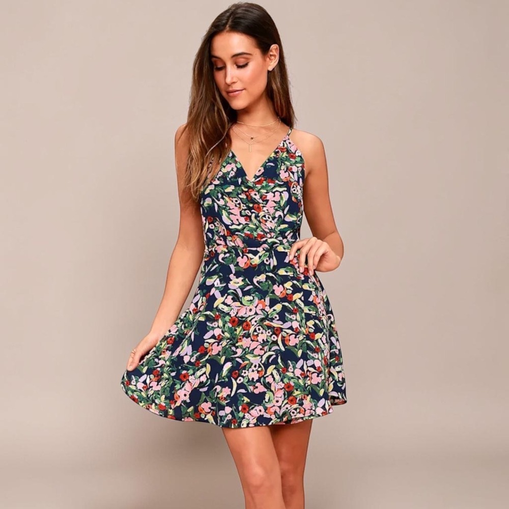 Lulus Jazmin Floral Ruffle‎ Back Mini Dress Navy Blue Multi XL Summer Boho NWOT
